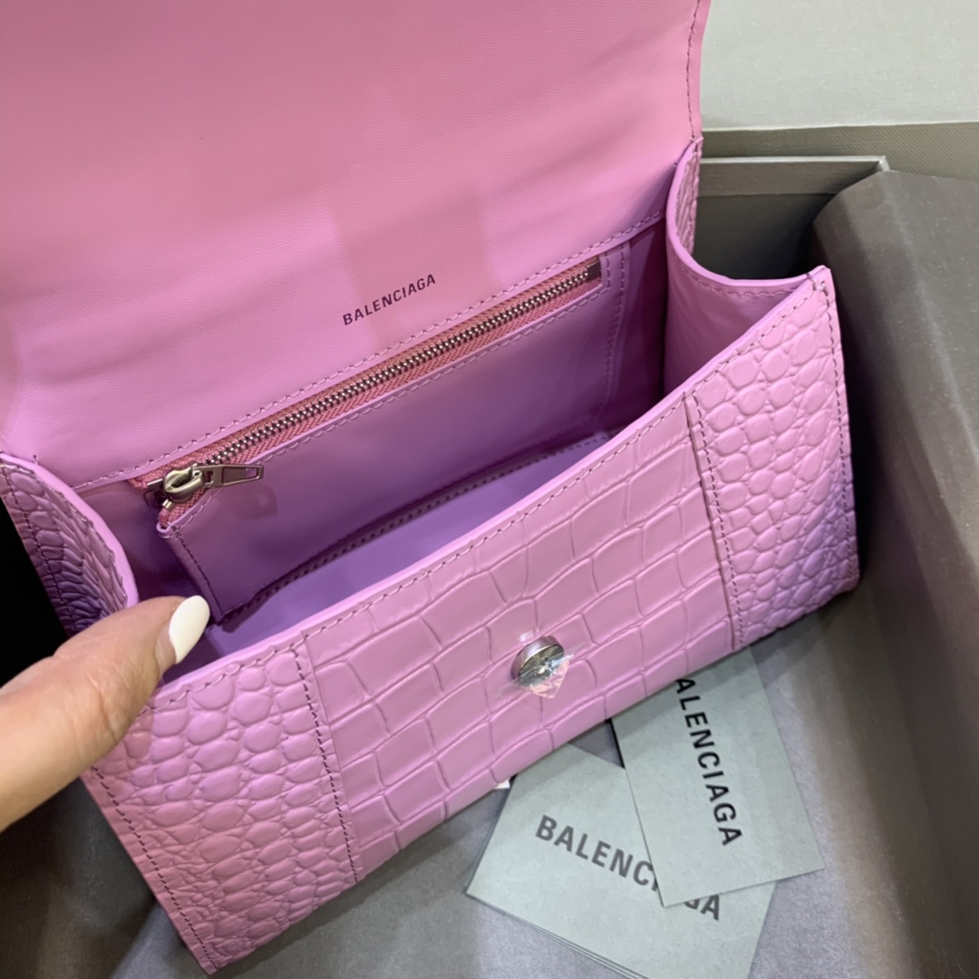 Balenciaga Hourglass Small Handbag Crocodile Embossed Shoulder Bag Pink Purple